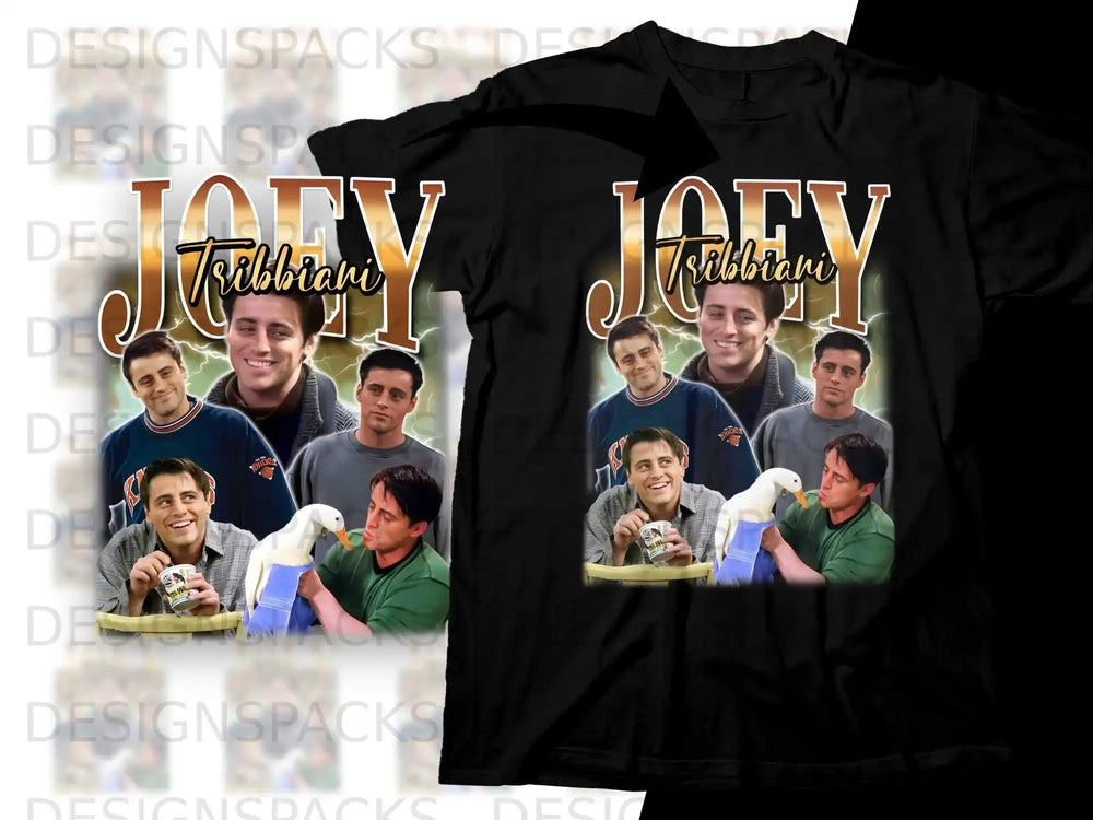 Black t-shirt with "Tribbiani" and multiple images of Joey.