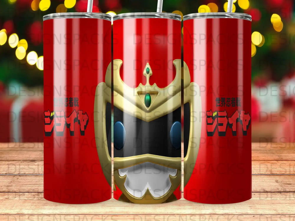 Red tumbler with Japanese characters and Power Ranger helmet graphic.