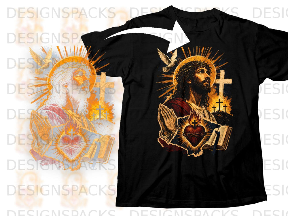 Jesus with crown of thorns, flaming heart, doves, and open Bible.