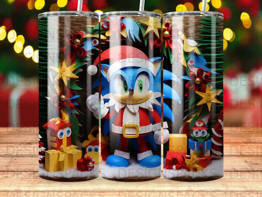 Sonic the Hedgehog in a Santa suit with Christmas decorations and gifts.