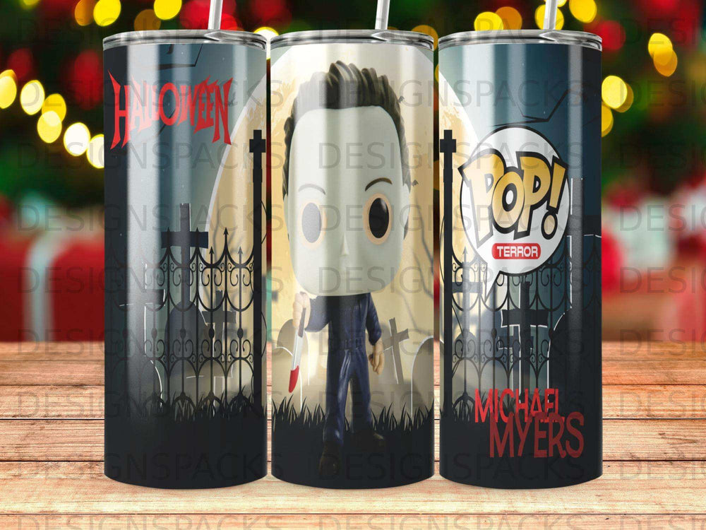 Michael Myers Funko Pop! tumbler with Halloween graveyard background.