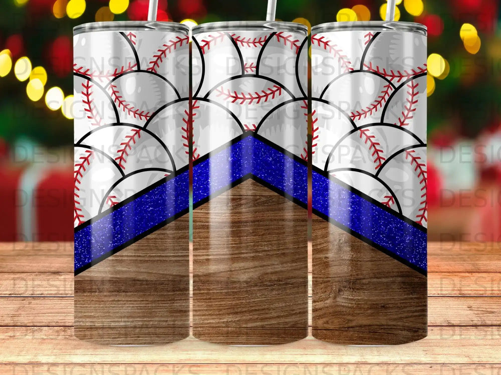 Baseball seam pattern on a wood-grain textured tumbler with blue glitter band.