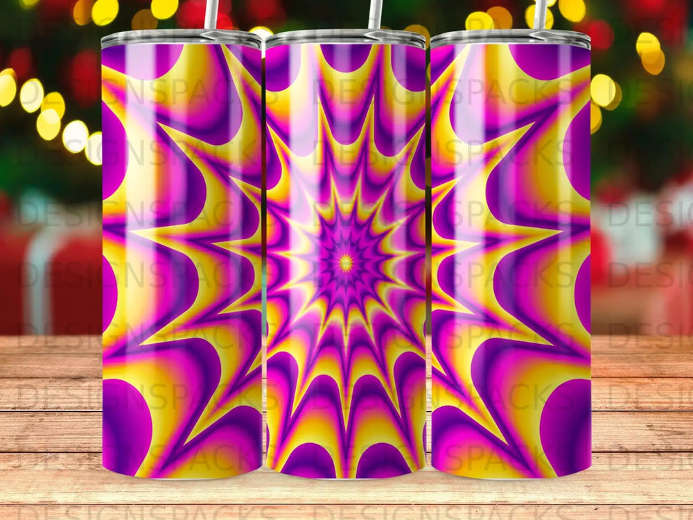 Purple and yellow abstract starburst pattern on a cylindrical tumbler.