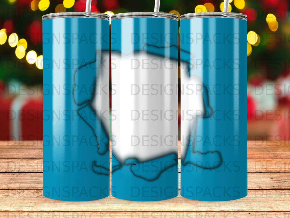 Tumbler with repeating blue and white "DESIGNSPACKS" logo pattern.