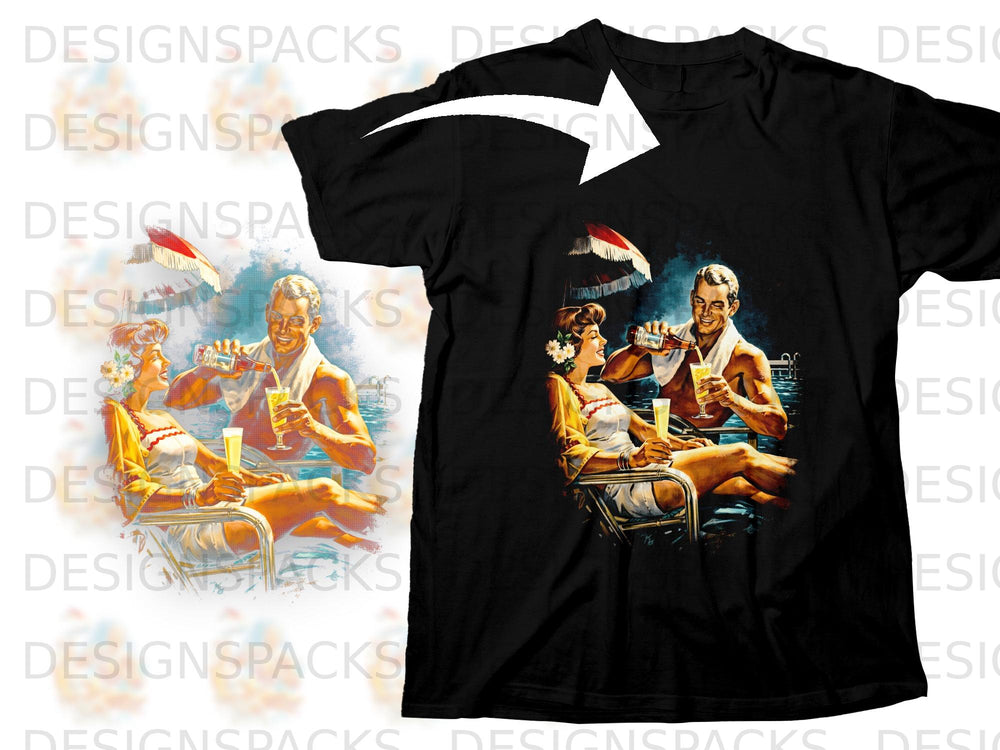 Black t-shirt with vintage illustration of a couple enjoying drinks by a pool.