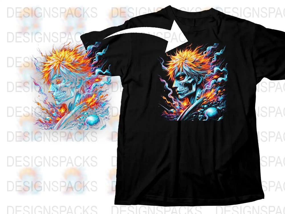 Men's Graphic T-Shirt, Cool Skull Flame Design, Trendy Artistic Black Tee, Unique Casual Streetwear, Vibrant Colors