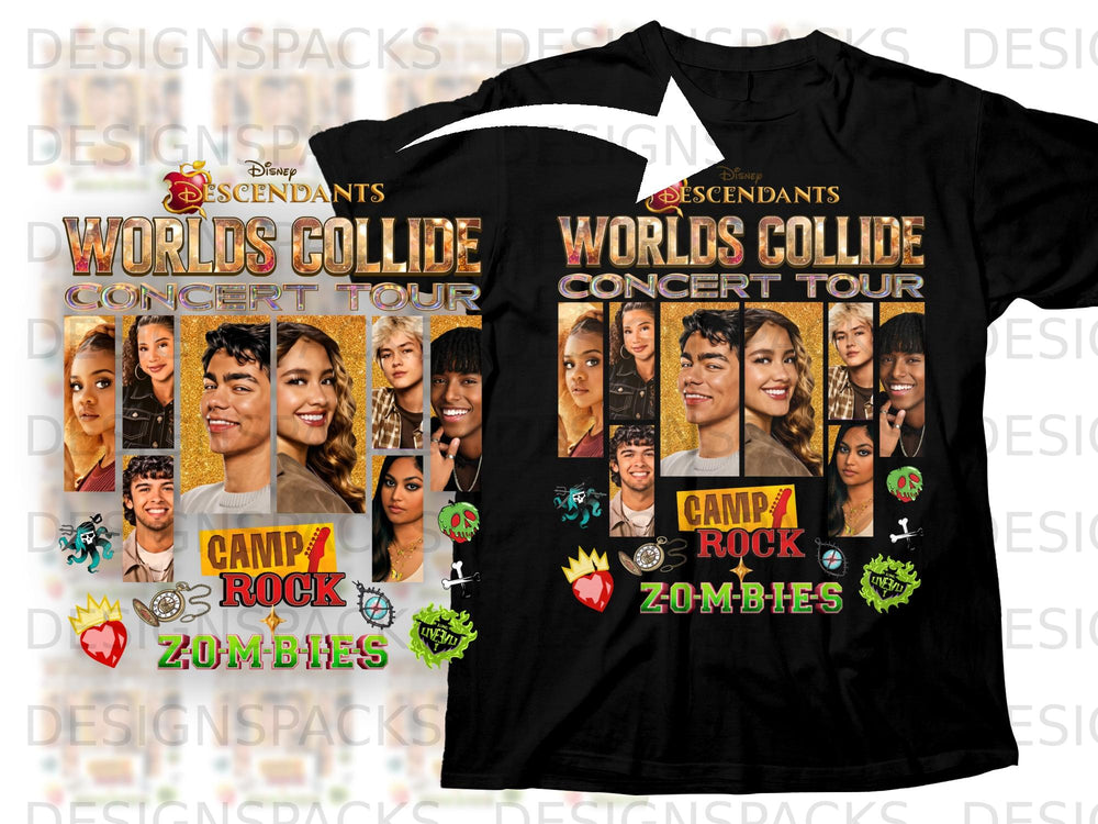 Descendants Worlds Collide Concert Tour shirt with cast photos, Camp Rock, and Zombies logos.