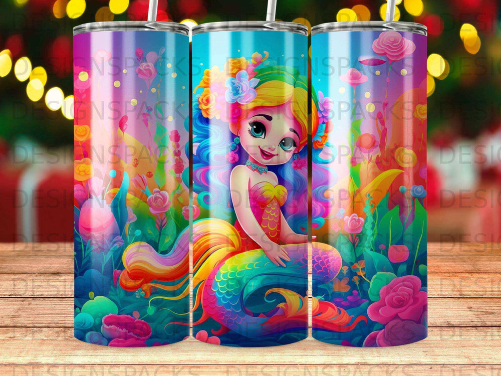Cartoon mermaid with rainbow tail and colorful hair among flowers.