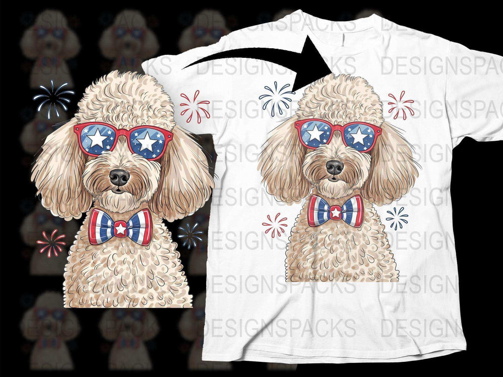 Patriotic Dog T-Shirt with Cartoon Poodle, American Flag Sunglasses, Firework Graphics, Cute Pet Apparel