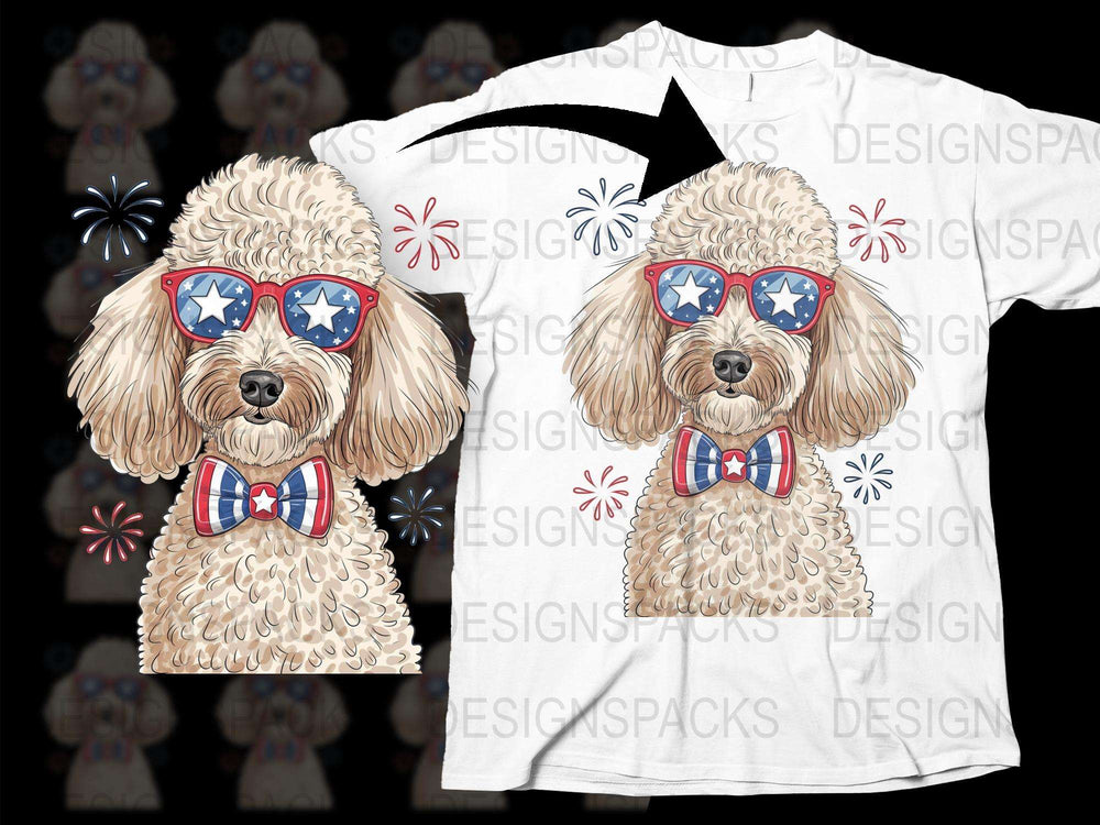 Patriotic Dog T-Shirt with Cartoon Poodle, American Flag Sunglasses, Firework Graphics, Cute Pet Apparel