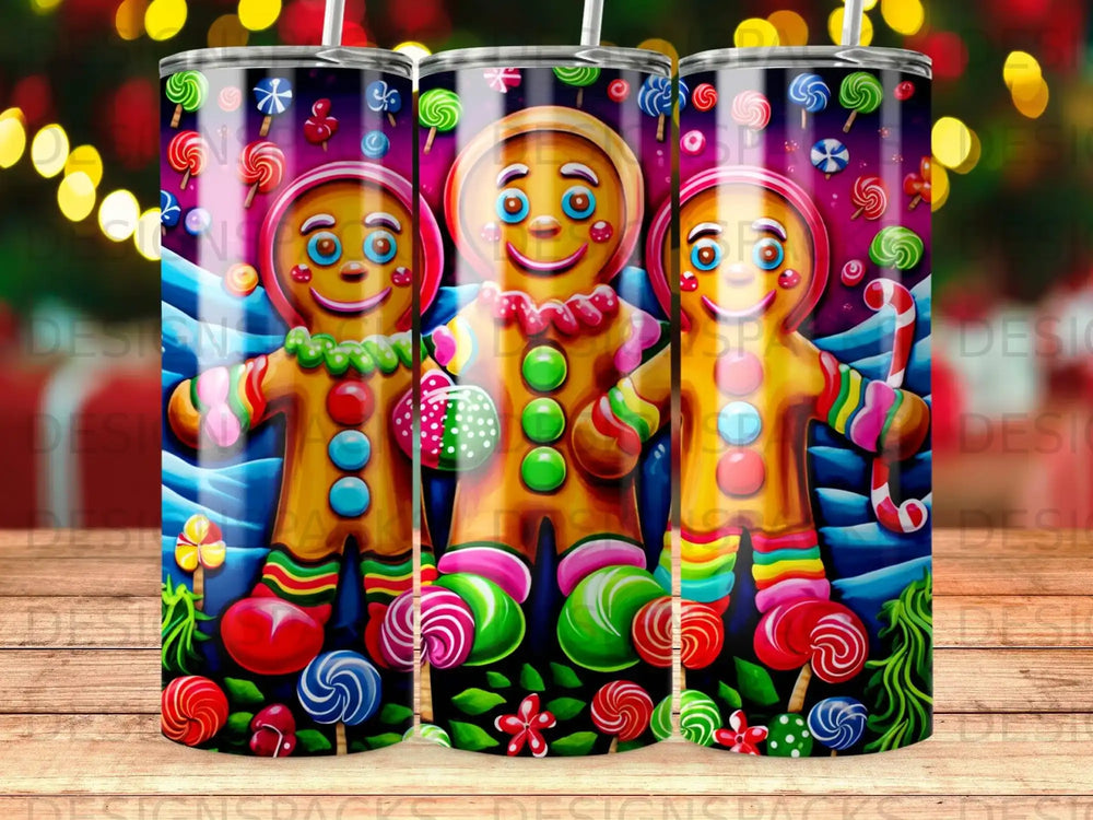 Three gingerbread men with colorful candy decorations and candy canes.