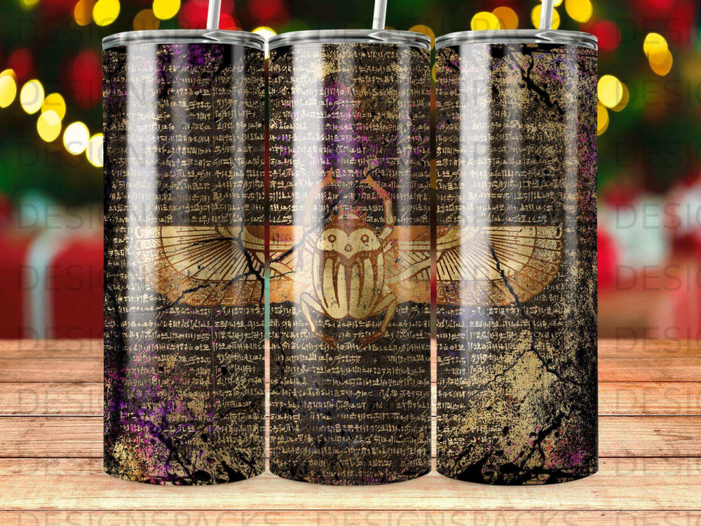 Scarab beetle and ancient Egyptian hieroglyphs on a textured tumbler.