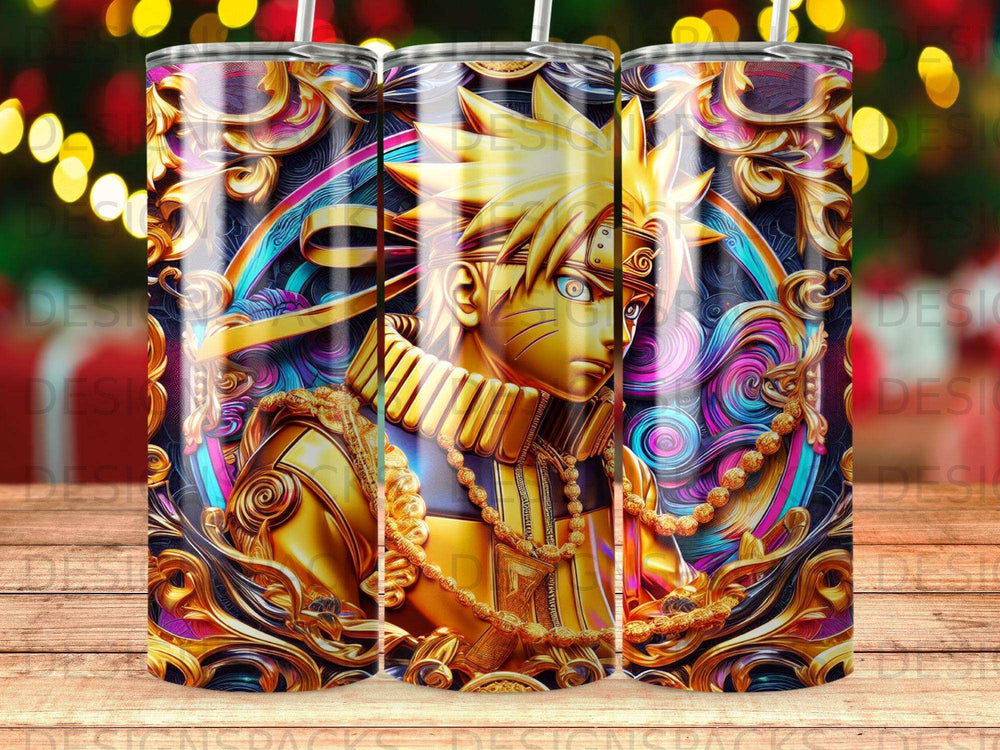 Naruto Uzumaki anime character in ornate golden armor, surrounded by colorful swirling patterns.