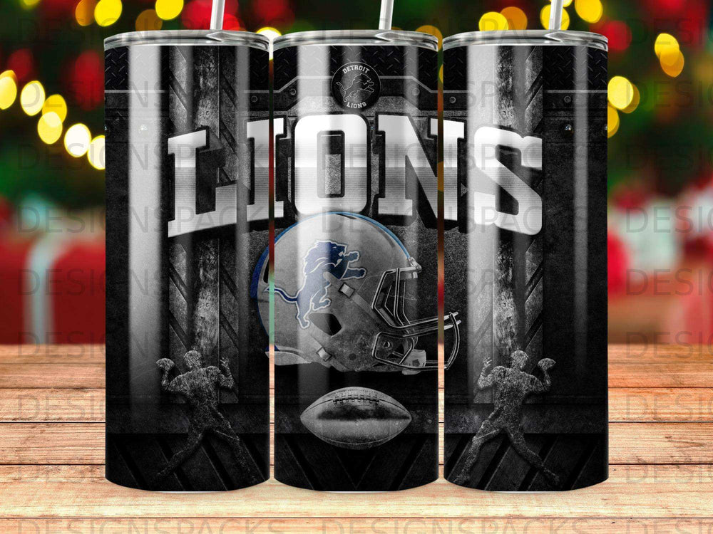 Detroit Lions helmet and football graphic on a black tumbler.