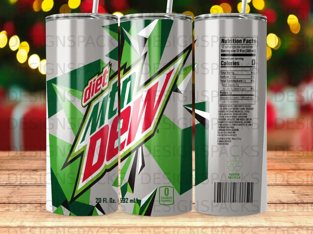 Diet Mountain Dew 20 fl oz bottle with nutrition facts and ingredient list.
