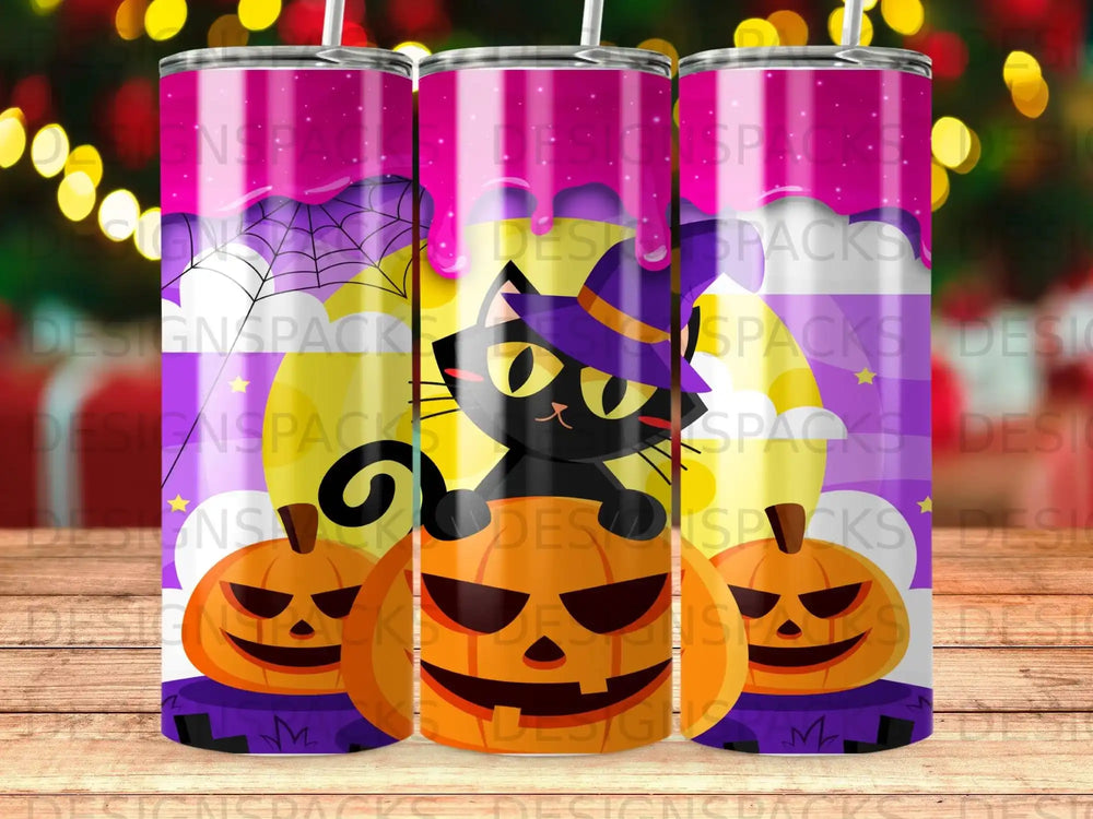 Black cat in witch hat between Halloween pumpkins on a purple, pink, and yellow background.