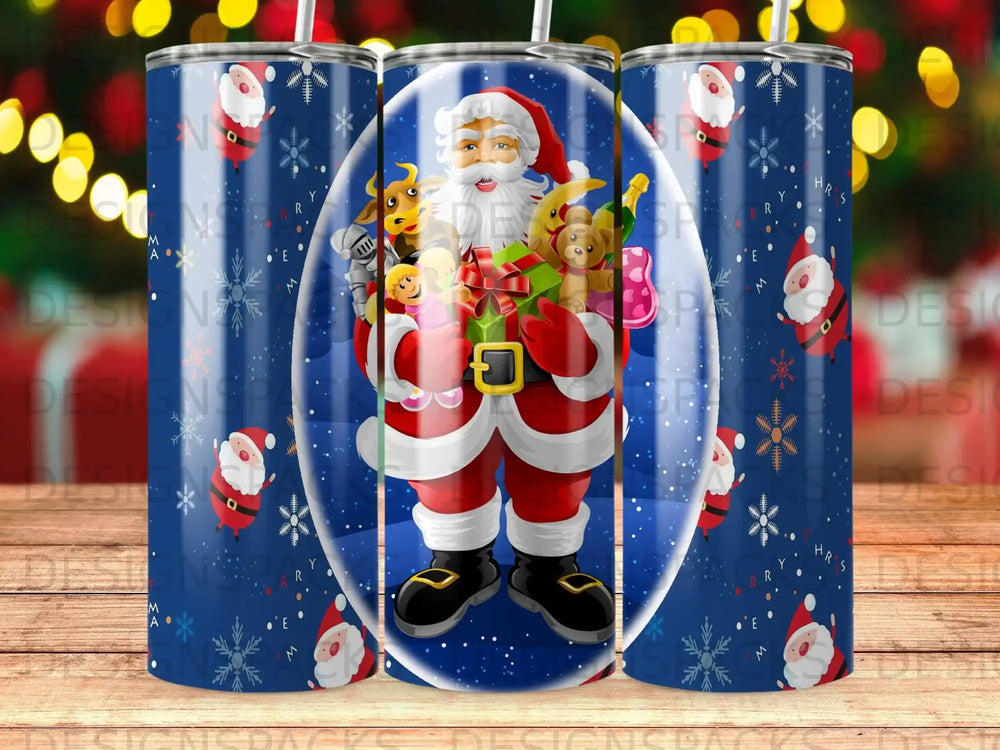 Santa Claus holding a gift basket surrounded by animated snow globes.
