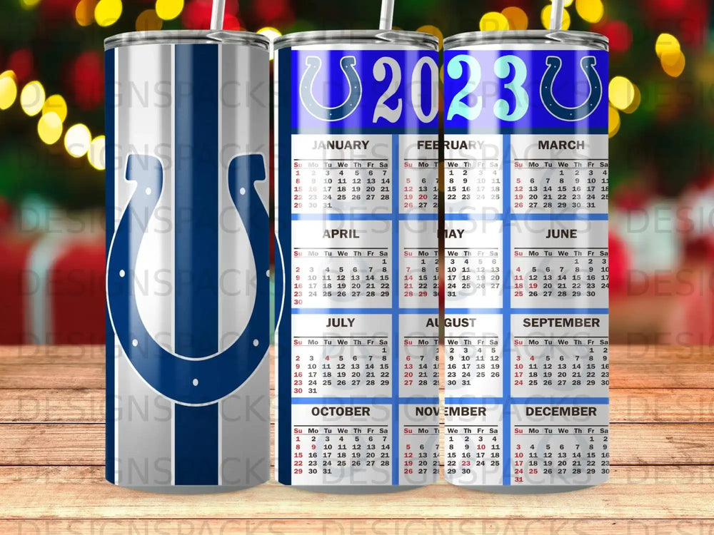 2023 calendar grid with Indianapolis Colts logo on a blue patterned background.