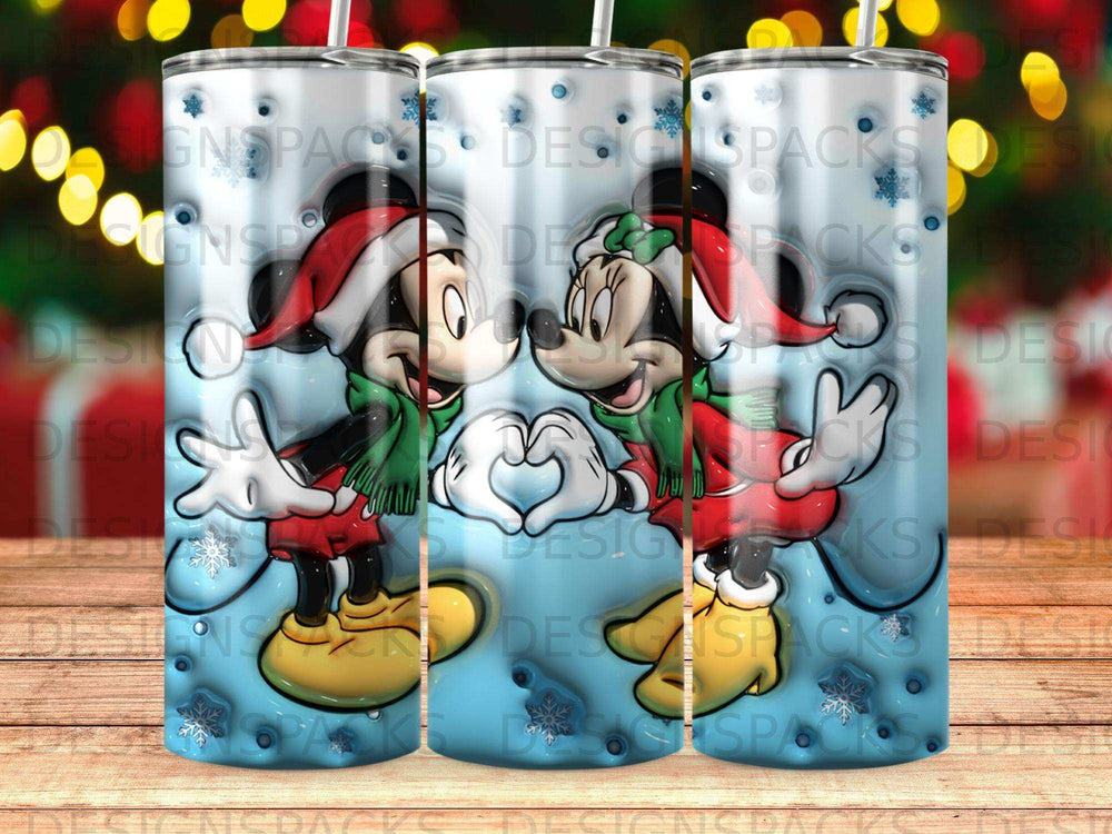 Mickey and Minnie Mouse in Santa hats making a heart shape.