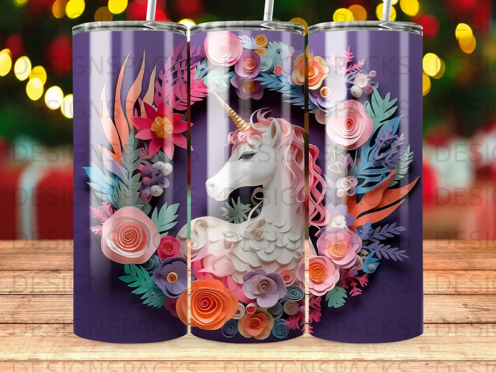 Unicorn with floral wreath, on a purple metallic tumbler.