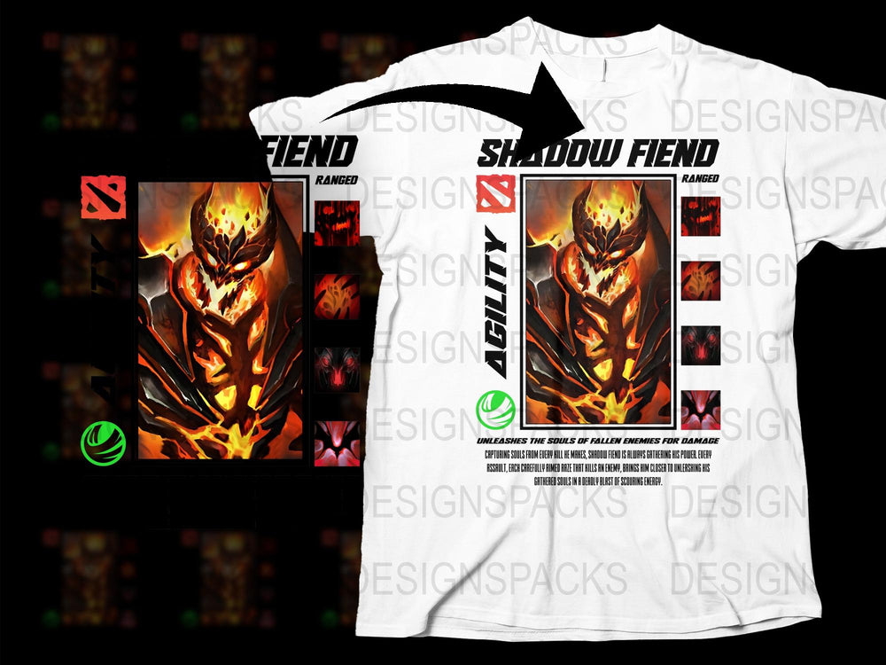 Shadow Fiend Graphic T-Shirt, Fiery Demon Design, Gamer Apparel, Unique Gaming Shirt, White Tee with Bold Print