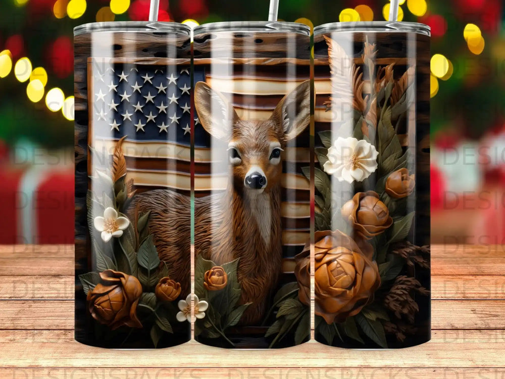 Deer with American flag, roses, and wheat stalks.