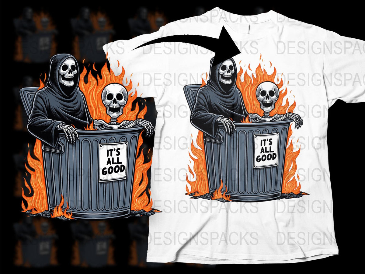 Gothic Grim Reaper T-Shirt, 'It's All Good' Slogan, Fire and Skulls Graphic Tee, Unisex Fashion
