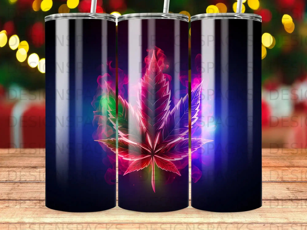 Tumbler with a glowing cannabis leaf and pink smoke design.