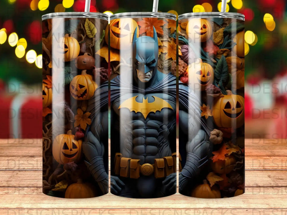 Batman surrounded by pumpkins and autumn leaves.
