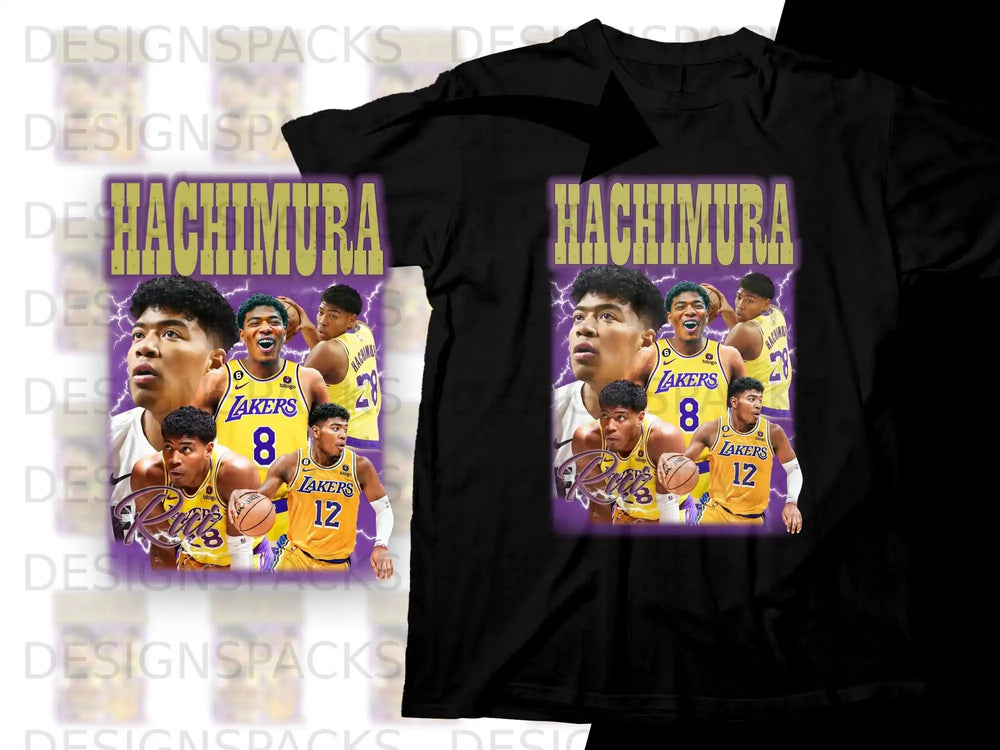 T-shirt featuring Rui Hachimura in Lakers uniform with "HACHIMURA" text.