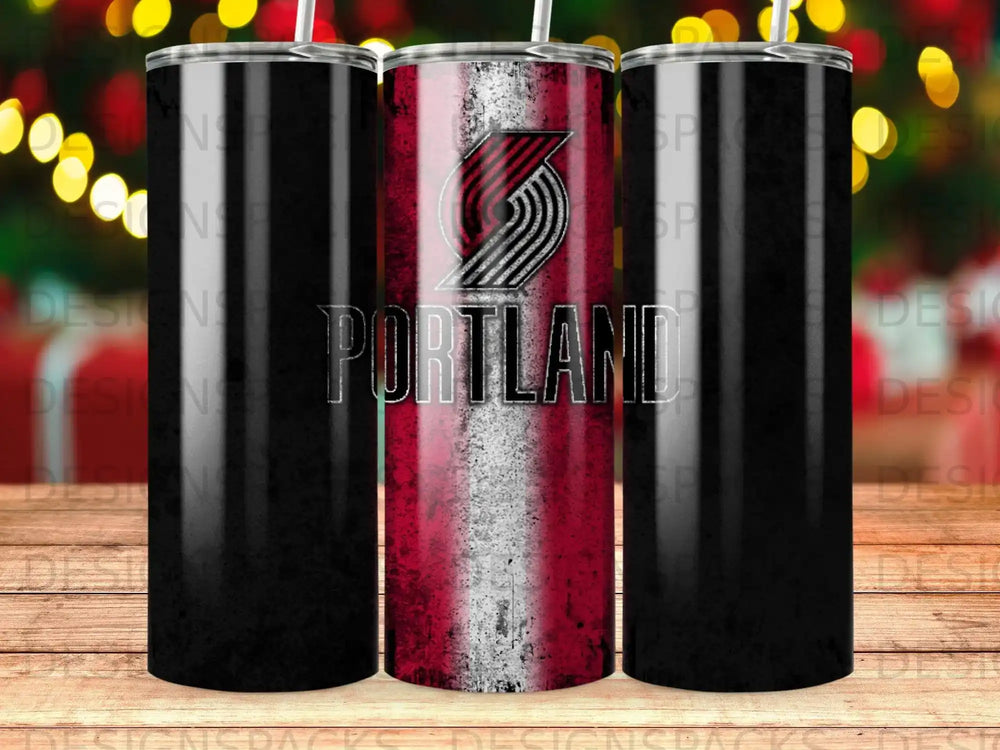 Portland Trail Blazers logo on a red and white striped tumbler.