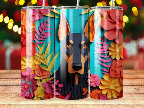 German Shepherd dog illustration with colorful floral paper cutouts.