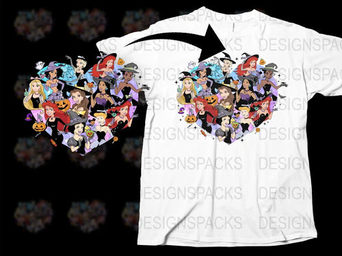 Colorful Halloween Cartoon Characters T-Shirt, Fun Witch and Vampire Graphic Tee, Unique Holiday Apparel for All Ages