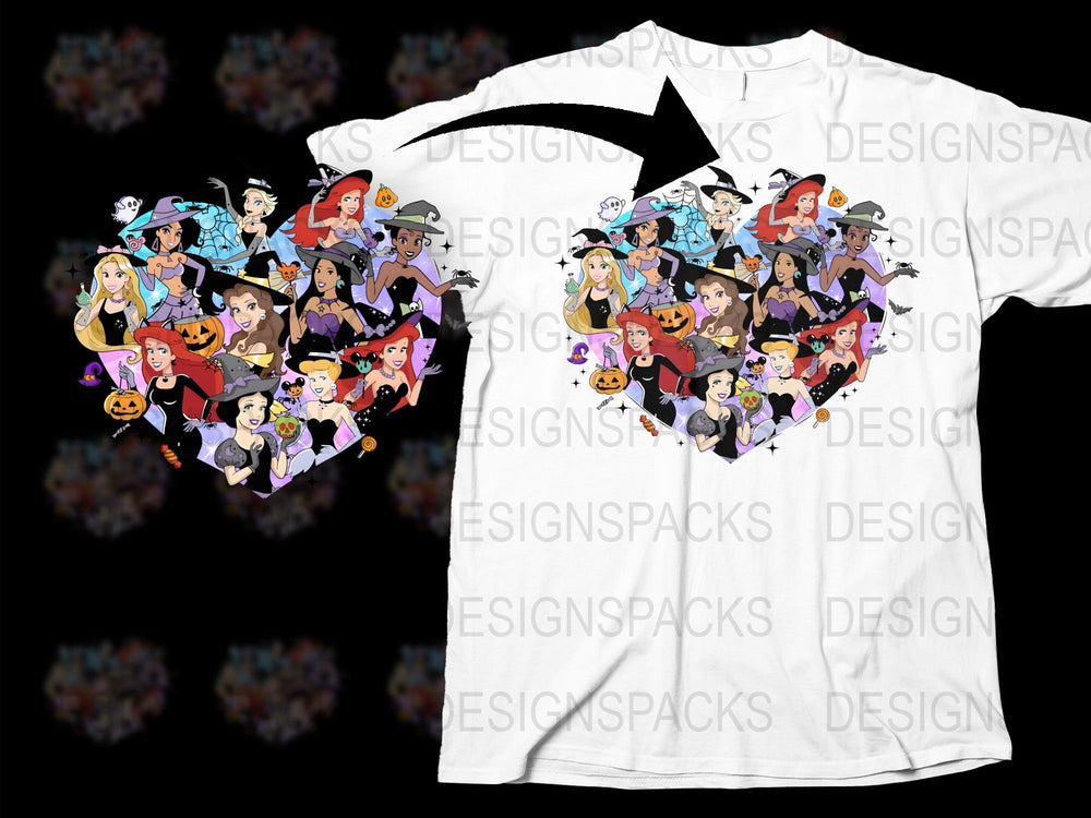Colorful Halloween Cartoon Characters T-Shirt, Fun Witch and Vampire Graphic Tee, Unique Holiday Apparel for All Ages