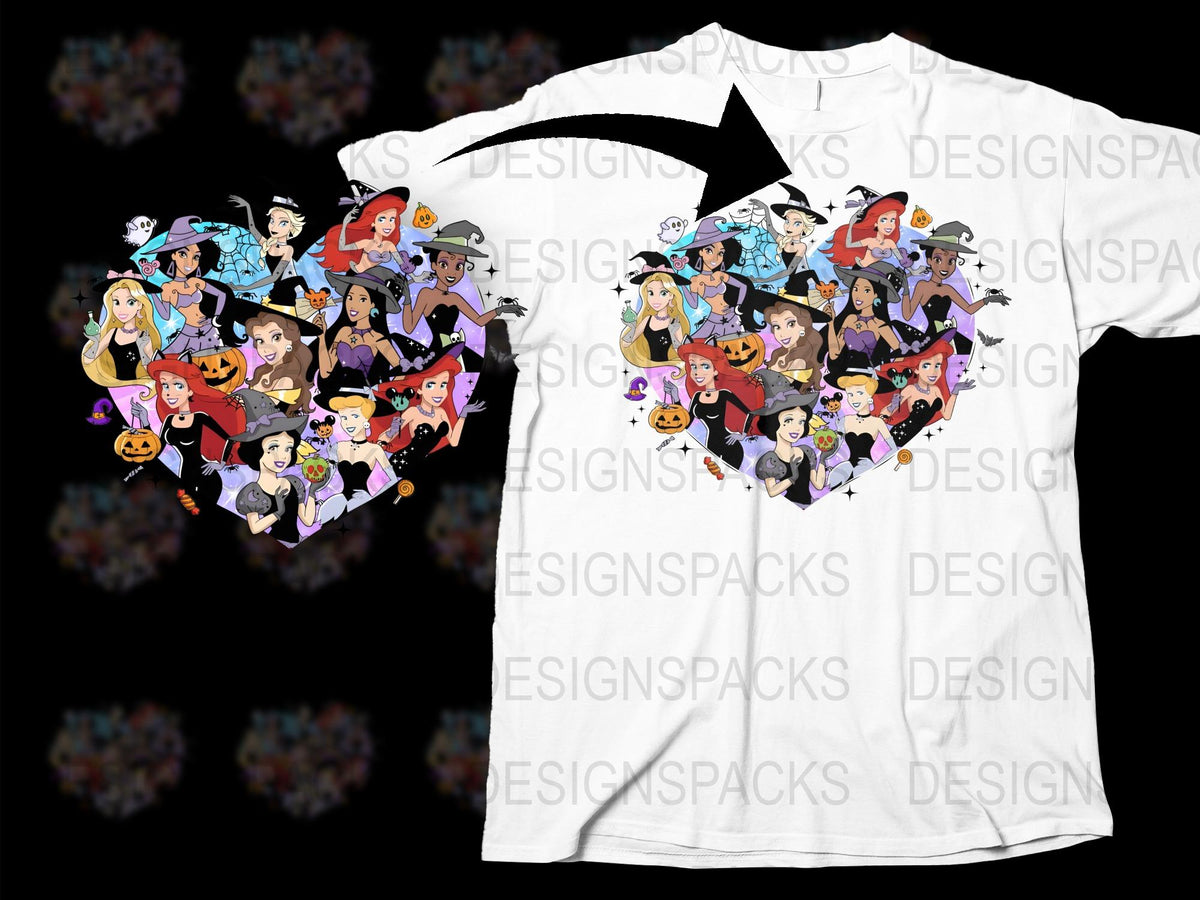 Colorful Halloween Cartoon Characters T-Shirt, Fun Witch and Vampire Graphic Tee, Unique Holiday Apparel for All Ages
