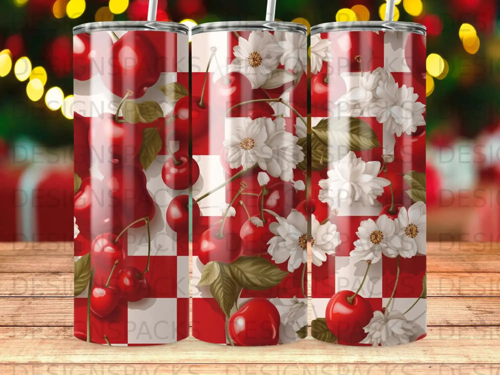 Red and white plaid background with cherries and white flowers design.