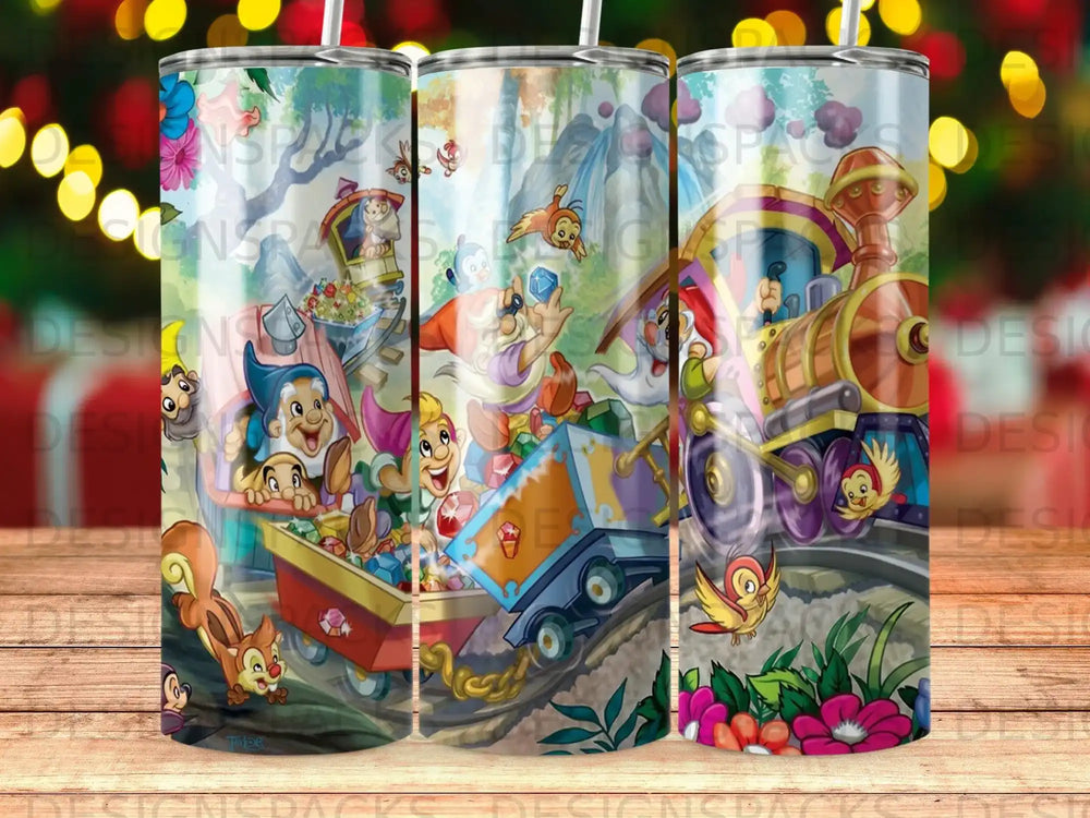Tangled characters on a train with vibrant foliage and mountains.