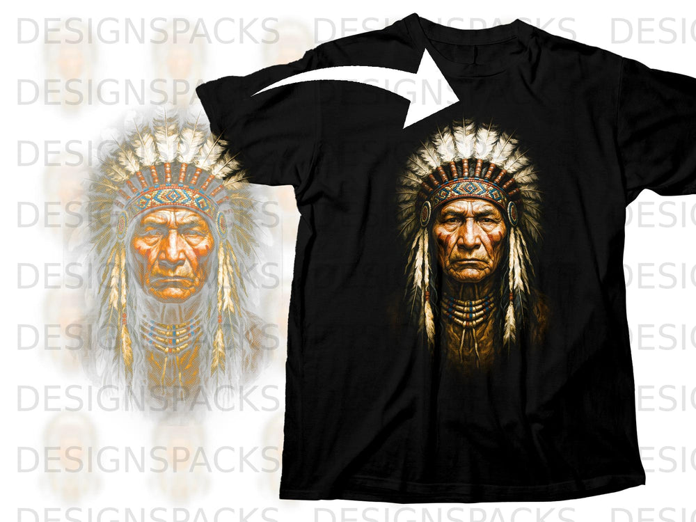 Black t-shirt with a detailed print of a Native American man wearing a feathered headdress.