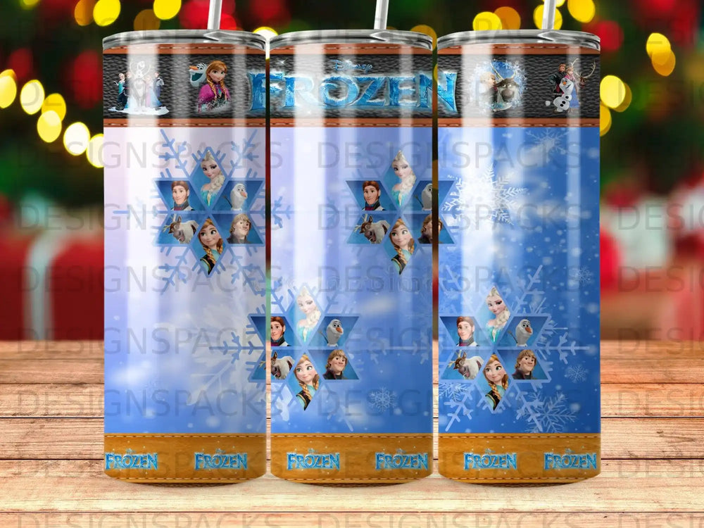 Frozen characters on blue icy background with wood grain border, three tumblers.