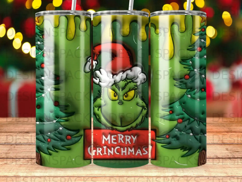 Grinch with Santa hat, "Merry Grinchmas" text, and Christmas trees.