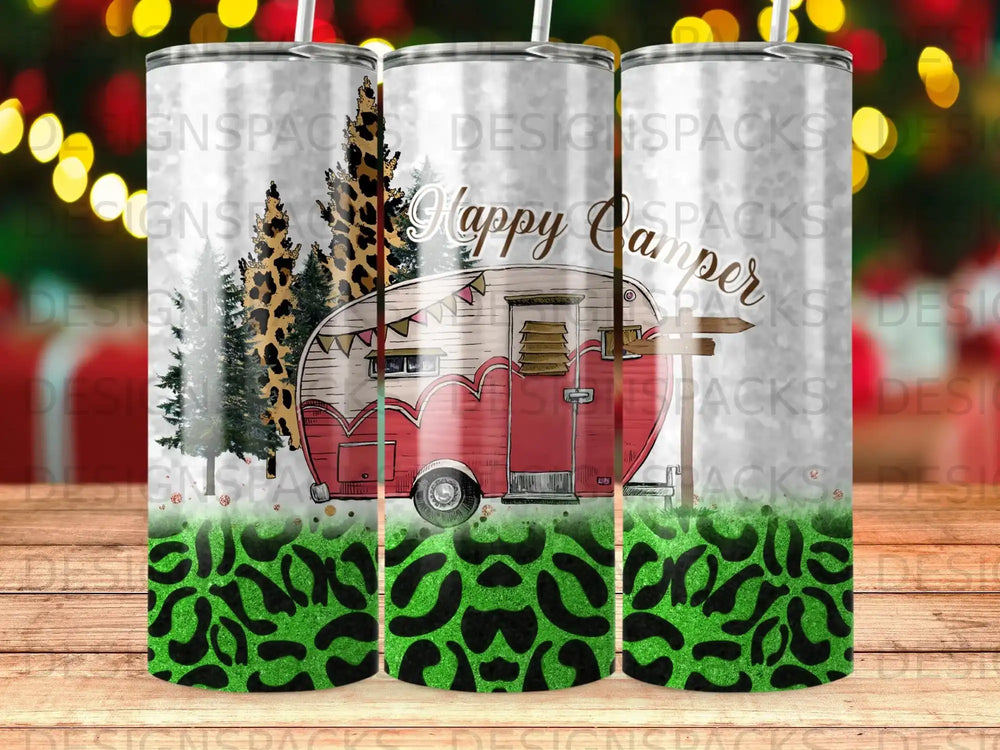 Red camper van with "Happy Camper" text and leopard print background.