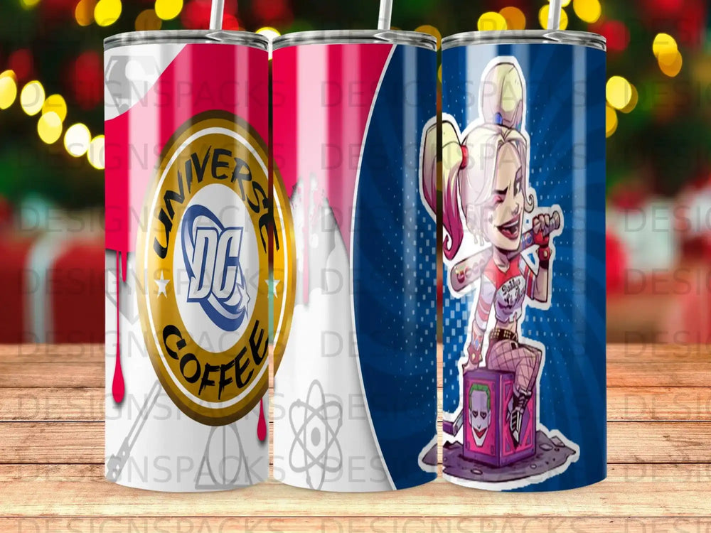DC Comics Harley Quinn tumbler with "DC Coffee" logo on one side.