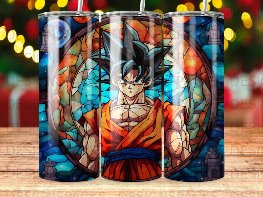 Dragon Ball Z Goku character illustration on a stained glass style tumbler.