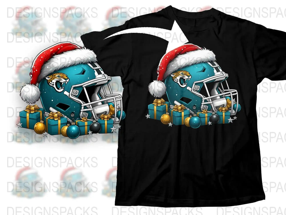 Festive Football Helmet T-Shirt, Santa Hat, Holiday Sports Apparel, Christmas Gift for Sports Fans