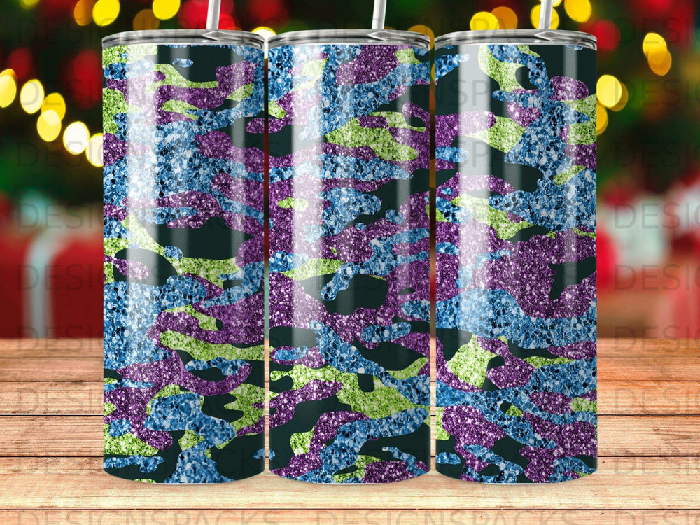 Glitter camouflage tumbler with blue, purple, and green abstract pattern.