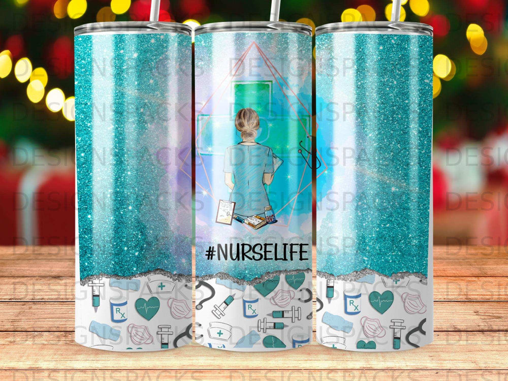 Blue glitter tumbler with #NURSELIFE text and medical icons.