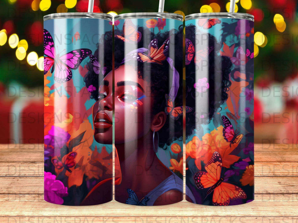 Woman with butterflies in her hair and colorful flowers on a tumbler.