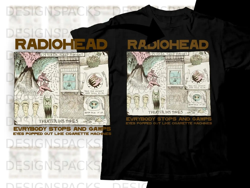 Radiohead "Theater des Todes" t-shirt with cartoon art and song lyrics.