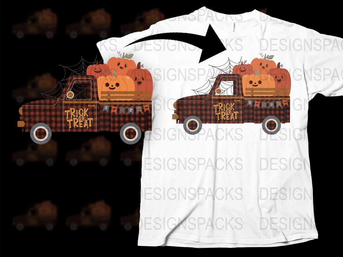 Halloween Pumpkin Truck T-Shirt, Cute Fall Graphic Tee, Trick Treat Kids and Adults Top