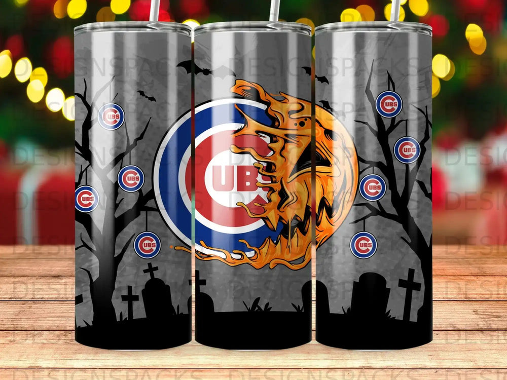 Chicago Cubs logo on a spooky Halloween-themed tumbler.